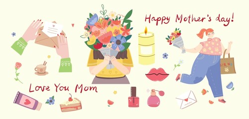 Happy Mother s Day Set of cute and colorful vector illustrations. Kids and their mom, gifts and flowers for the Mother s Day celebration. Design templates for a card, banner