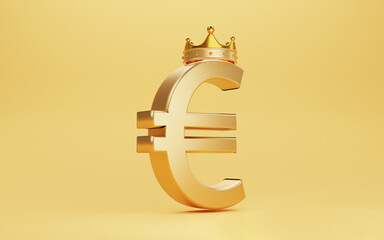 Golden Euro sign with gold crown on yellow background for Euro is the king or main currency exchange in the world from European Union concept by 3d render.