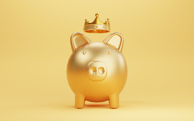 Golden piggy with crown  on yellow background for saving and profit investment concept by 3d render.