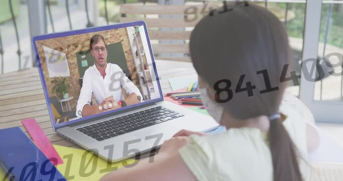 Animation of data processing over caucasian girl having school video call
