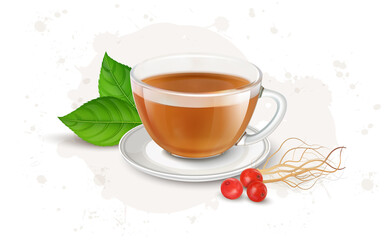 Ginseng tea with ginseng dry roots and seeds-vector illustration