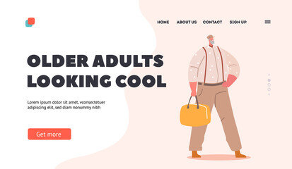 Trendy Man Wear Hipster Clothes Landing Page Template. Hat pants on Suspenders and Yellow Handbag, Old Male Character