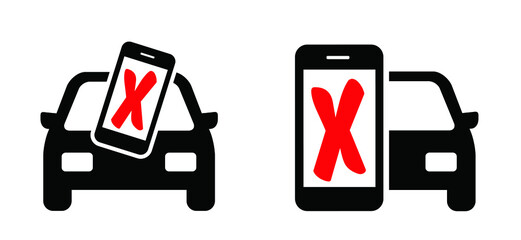No mobile phones. Drive mobile-free, drive MONO. Vector traffic, road car icon, pictogram. Without distraction from apps or social media posts. Keep your eyes on the road. Mobile phone symbol or logo.