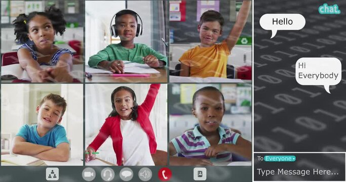 Animation of binary coding over diverse group of schoolchildren having school video call