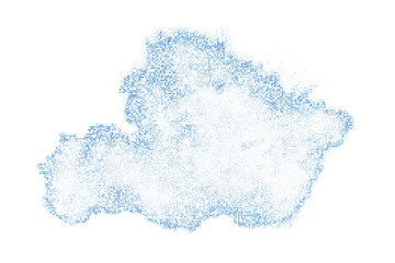 Abstract Halftone Blue Cloud, Isolated on White Background. Frozen Motion of Round Particles.  Modern Dotted Futuristic Backdrop. Vector Illustration, Eps 10.