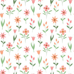 Cartoon spring floral seamless pattern with cute color meadow flowers. Isolated on white background. Design for wallpaper, textile.