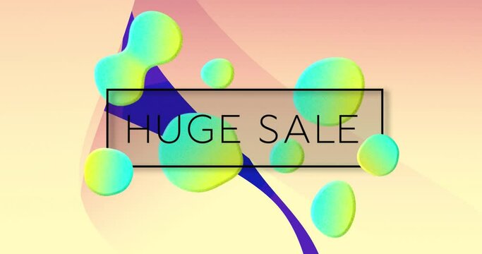 Animation of huge sale text over shapes on yellow and blue background