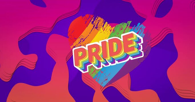 Animation of pride text over shapes on red and blue background