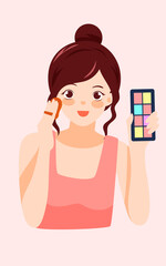 Anchorman explaining beauty techniques during make-up on live broadcast, vector illustration