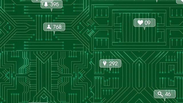 Animation of social media icons with growing numbers over computer circuit board