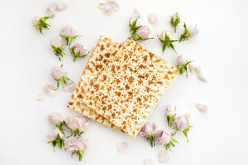 Pesah celebration concept, jewish Passover holiday. Traditional ritual Jewish bread on white background