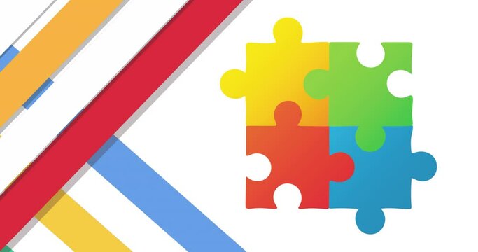 Animation of diagonal multicoloured stripes and jigsaw puzzle pieces on white background
