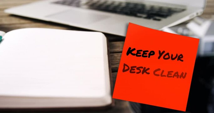 Animation of keep your desk clean note and office items on desk