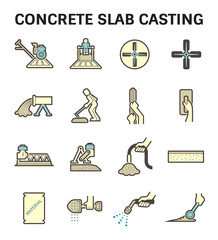 Concrete slab and epoxy floor finishing construction and repair vector icon set consist of worker, machine equipment i.e. power trowel to casting, screed, grinding and leveling by builder, contractor. - obrazy, fototapety, plakaty