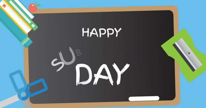 Multiple school equipment icons falling against happy substitute day text over wooden slate