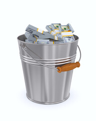 Fototapeta na wymiar metal bucket with money on white background. Isolated 3D illustration