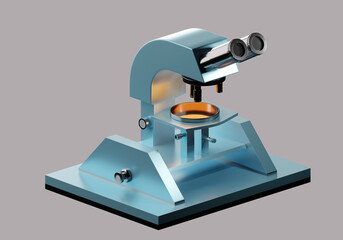 Microscope front view. Laboratory worker's microscope on gray. Microscope with illuminated object. Equipment for laboratory assistant and scientist. Sale of laboratory equipment. 3d rendering.