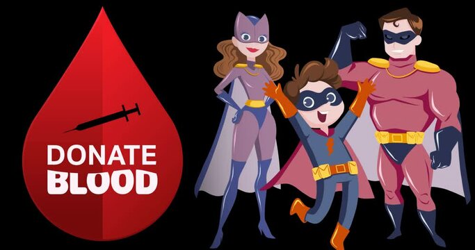 Animation of donate blood text with blood drop and superheroes on black background