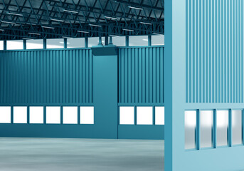 Empty warehouse. Industrial hangar view inside. New hangar for industrial enterprises. Warehouse rental concept. Business premises for rent. Visualization storage space. Exhibition space. 3d image