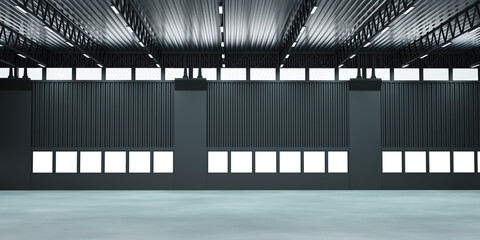 Empty industrial building. Empty hangar with windows. Modern industrial hangar design. Empty hangar with metal walls. Panoramic visualization of warehouse without anything. 3d rendering. - obrazy, fototapety, plakaty