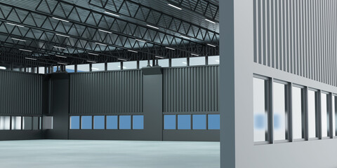 Factory building with nothing. Visualization of entrance to industrial hangar. Premises of industrial enterprise without furniture. Panoramic visualization of Hangar with concrete floor. 3d image.
