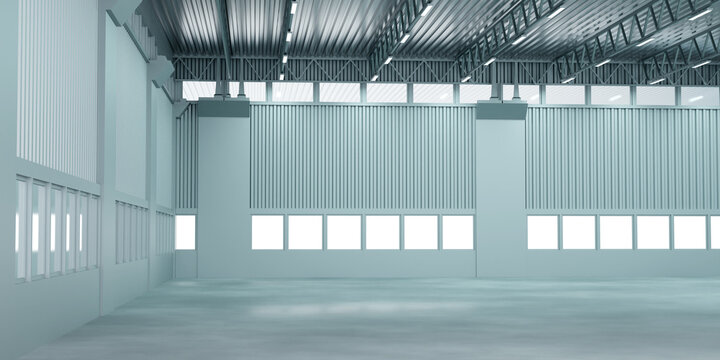 Empty hangar. Panoramic visualization of interior hangar. Hangar for industrial enterprise. Empty warehouse interior without shelving. Concept renting industrial structures. Warehouse rent. 3d image