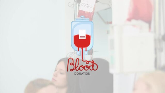 Animation of blood bag and blood donation text over caucasian female doctor with patients