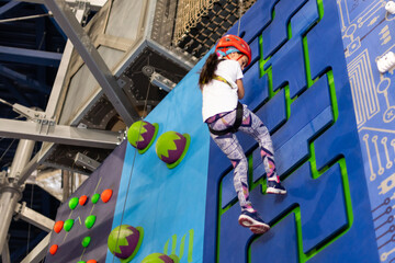 Girl wearing in harness and safety equipment climbing on practical wall indoor. Girl inserting the...