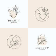 Beauty makeup logo design template. Hand drawn women face and brush makeup with beautifull leaf.