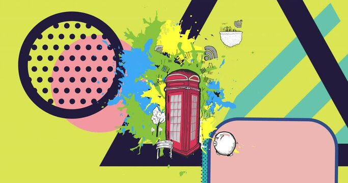 Animation of telephone box over shapes on yellow background