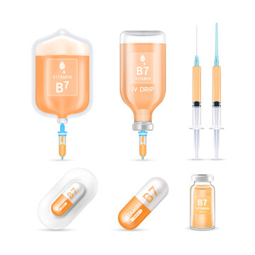 Vitamin B7 inside saline bag, capsule, vaccine bottle and syringe isolated on white background vector. Serum collagen vitamins IV drip and minerals orange for health. Medical aesthetic concept.