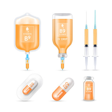 Vitamin B9 inside saline bag, capsule, vaccine bottle and syringe isolated on white background vector. Serum collagen vitamins IV drip and minerals orange for health. Medical aesthetic concept.