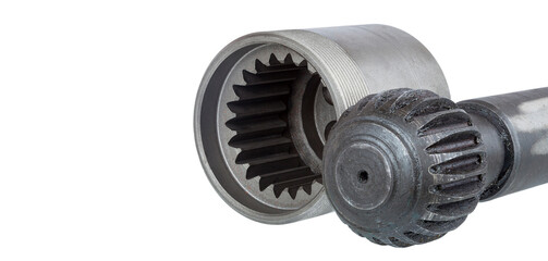 hydraulic pistons polytherm pump on dumbbell with gear and male thread iron detail concrete pump banner on the theme of spare parts for industrial machinery isolated on white background.