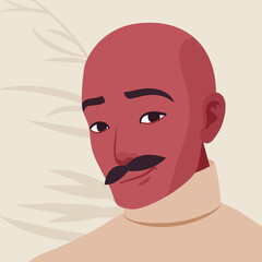 Handsome guy, spanish man, Latin America person, bold, mustaches. Office worker, business look smart manager in beige turtleneck sweater, social media profile picture. Vector flat style illustration