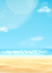 Realistic landscape of summer beach. Sea coast with sunny sky and clouds. Beautiful summer scene with blue sky and clouds. Empty sea with clear horizon. 3d vector illustration.