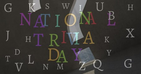 Animation of national trivia day text and question mark on black background
