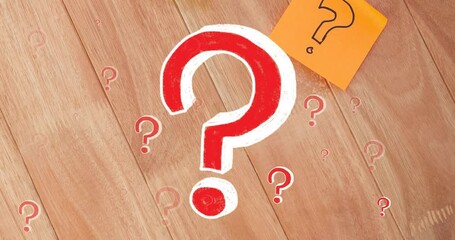 Animation of red question marks over multicolour memo notes on wooden background - Powered by Adobe