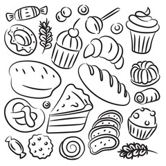 Linear sketch of pastries and sweets. Illustration in doodle style.
