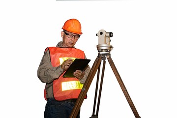Engineer or surveyor working with theodolite  equipment at road construction site with isolated and...