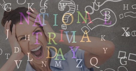 National trivia day text banner and multiple question mark icons over frustrated female teacher