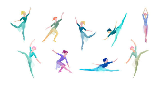 Illustration set of women ballet dancers in different positions and jumps