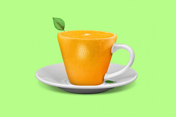 Creative idea picture of cup orange fruit form isolated on green color background concept of juice with fresh fruit