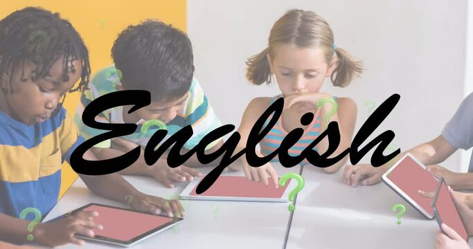 Animation of english and green question marks over school children