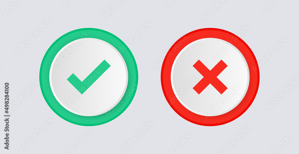 Aufkleber 3d checkmark icon button correct and incorrect sign or check mark box frame with green tick and red cross symbols - yes or no 3d icons buttons	
