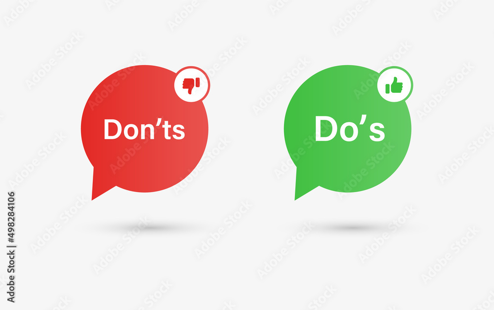 Poster Dos and donts icons with speech bubble - thumbs up or thumb down. Like or dislike - do's and don'ts bubble - true or false - Dos and dont	
