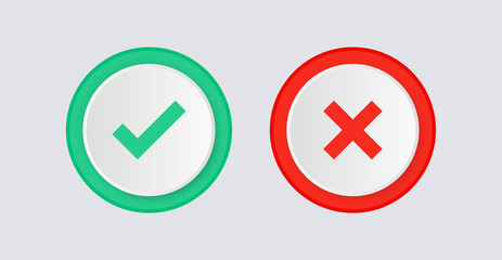 3d checkmark icon button correct and incorrect sign or check mark box frame with green tick and red cross symbols - yes or no 3d icons buttons	
