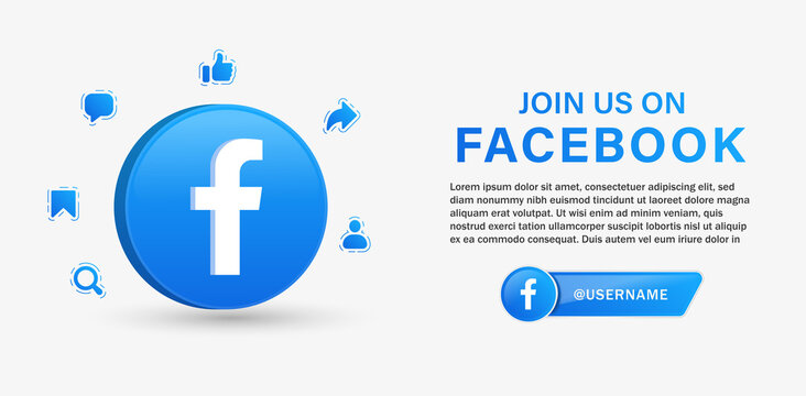join us on facebook 3d logo for social media icons 3d. follow us on facebook with social media notification icons like comment share save search icon. post reactions sign. facebook banner background