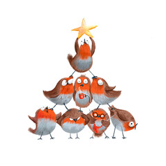 Robins make a christmas tree. Funny birds. Cute cartoon characters. Christmas card.