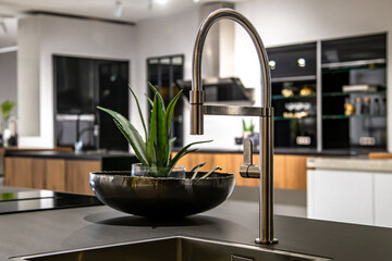 New modern steel faucet and kitchen room sink close up.