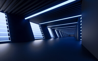 Dark tunnel, futuristic concept, 3d rendering.